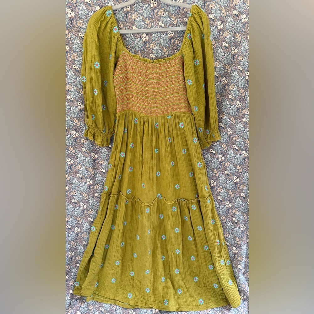 Floral Olive Green Smocked Dress